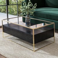 Rectangular Black and Gold Glass Top Coffee Table with Storage - Akila Rectangular Black and Gold Glass Top Coffee Table with Storage - Akila