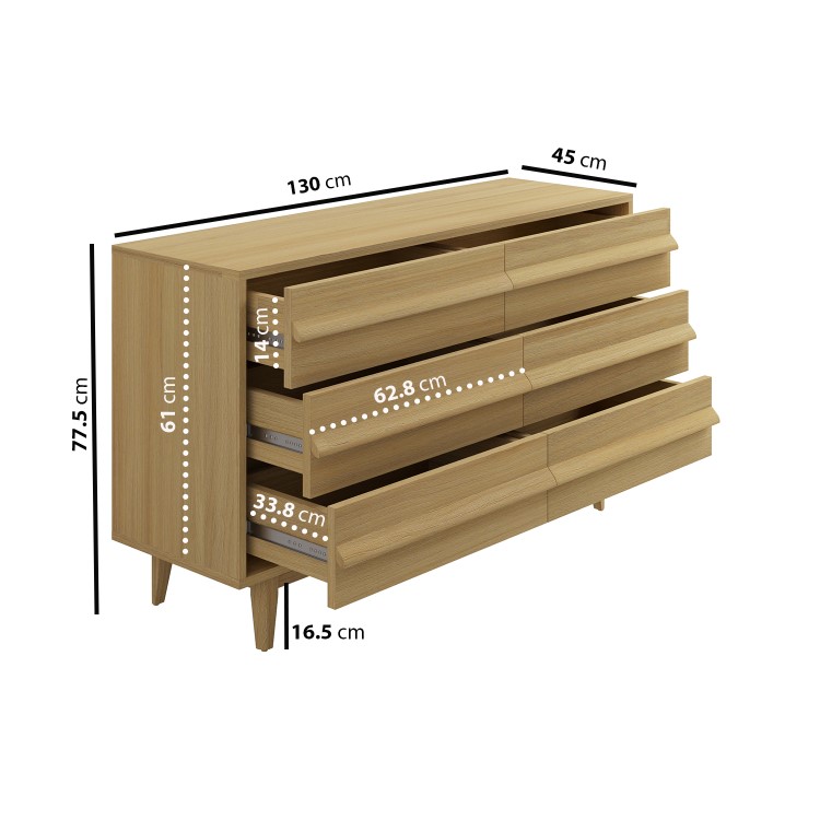 Wide Light Oak Chest of 6 Drawers - Aksel
