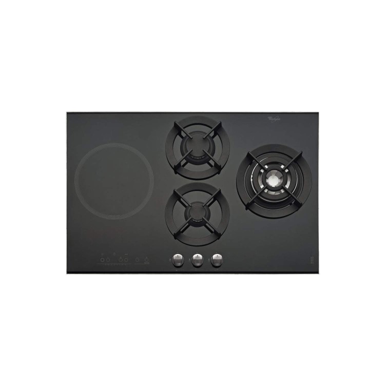 Whirlpool AKT477IX 77cm Gas and Induction Dual Fuel Hob in Black Glass with Stainless Steel Frame