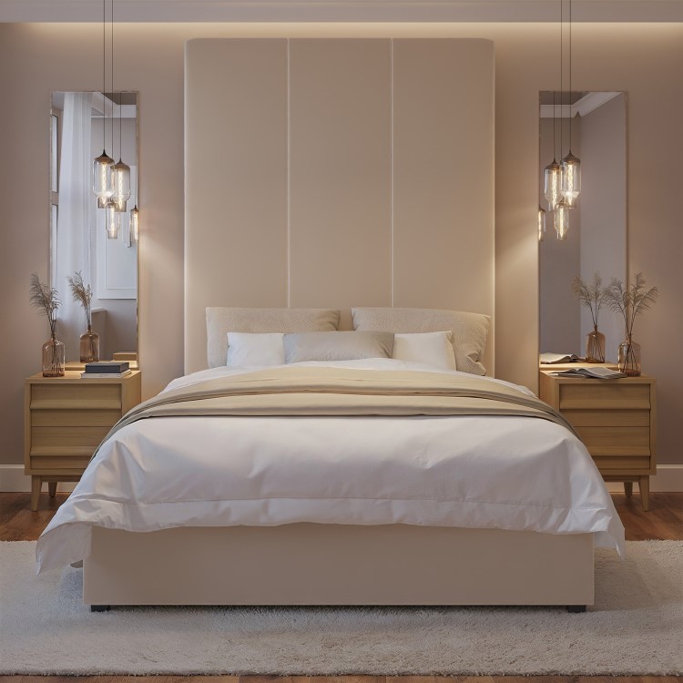 Beige Velvet Double Ottoman Bed with Tall Headboard - Alisha