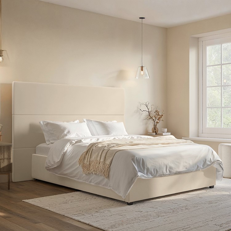 Beige Velvet Double Ottoman Bed with Tall Headboard - Alisha
