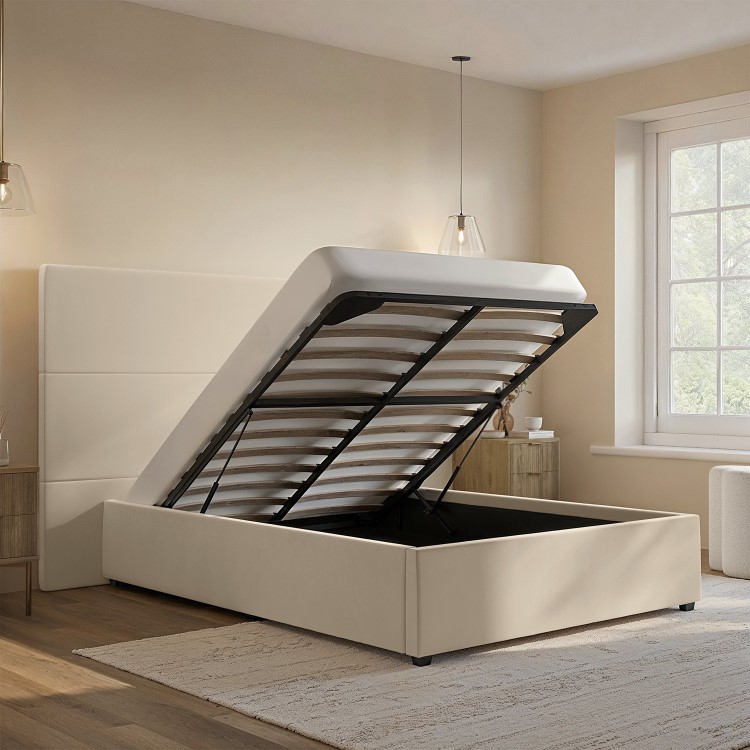 Beige Velvet Double Ottoman Bed with Tall Headboard - Alisha