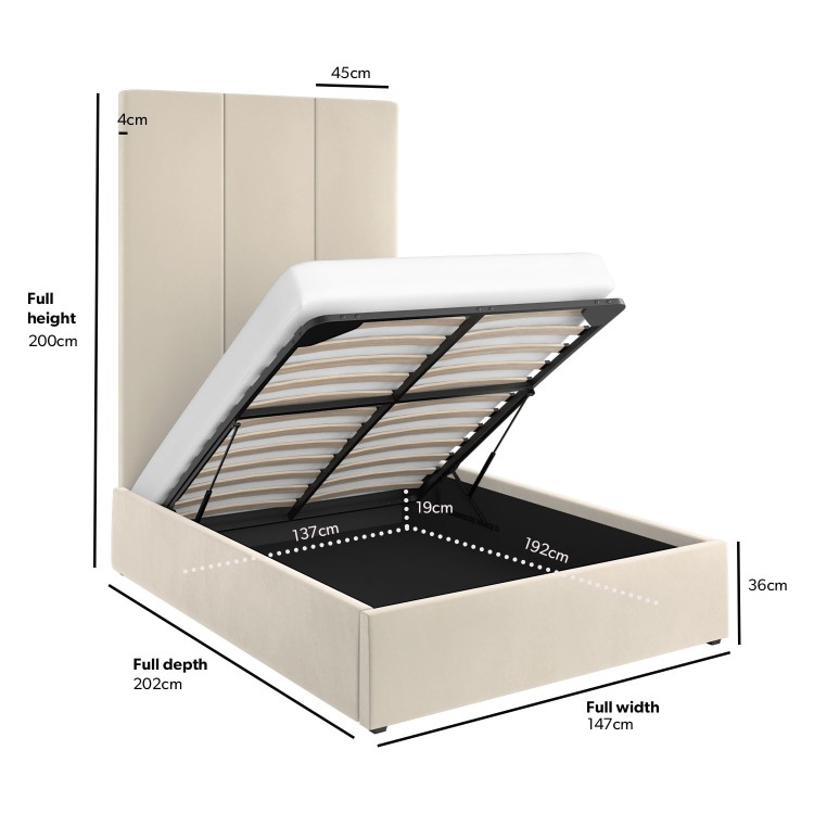 Beige Velvet Double Ottoman Bed with Tall Headboard - Alisha