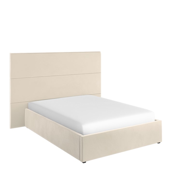 Beige Velvet Double Ottoman Bed with Tall Headboard - Alisha