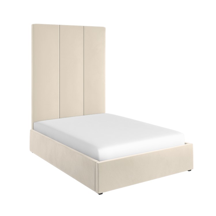 Beige Velvet Double Ottoman Bed with Tall Headboard - Alisha