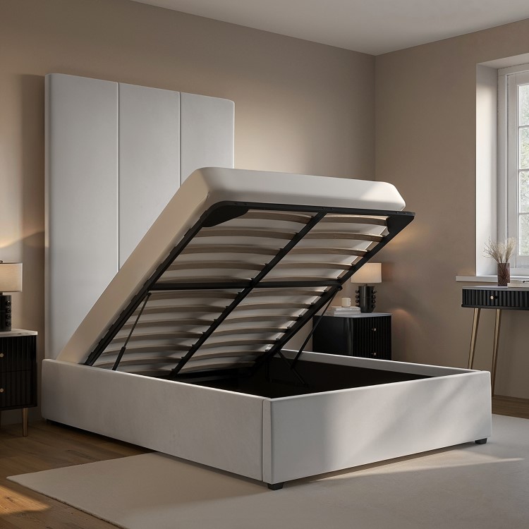 Grey Velvet Double Ottoman Bed with Tall Headboard - Alisha