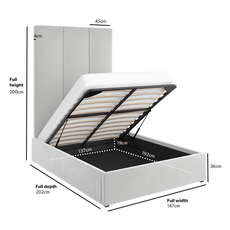 Grey Velvet Double Ottoman Bed with Tall Headboard - Alisha