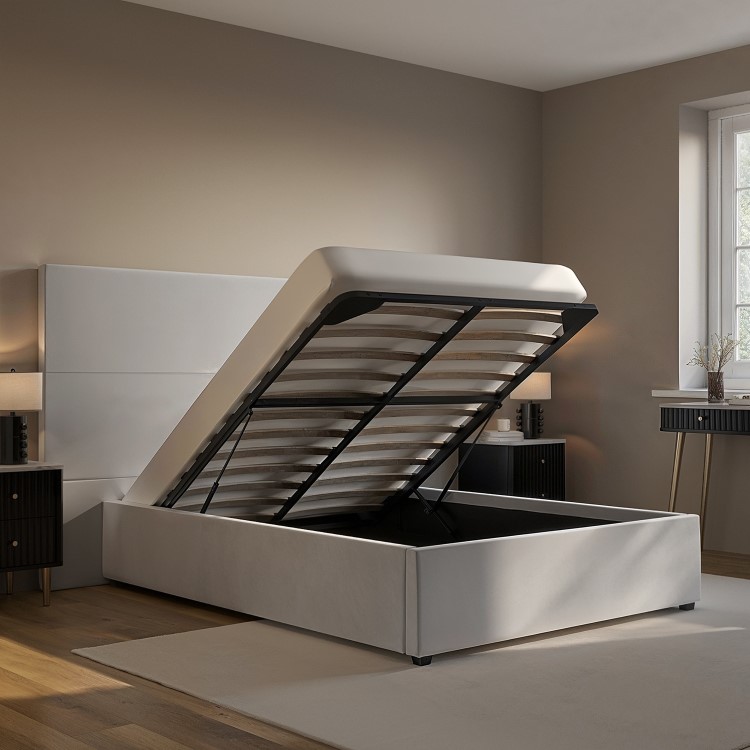 Grey Velvet Double Ottoman Bed with Tall Headboard - Alisha