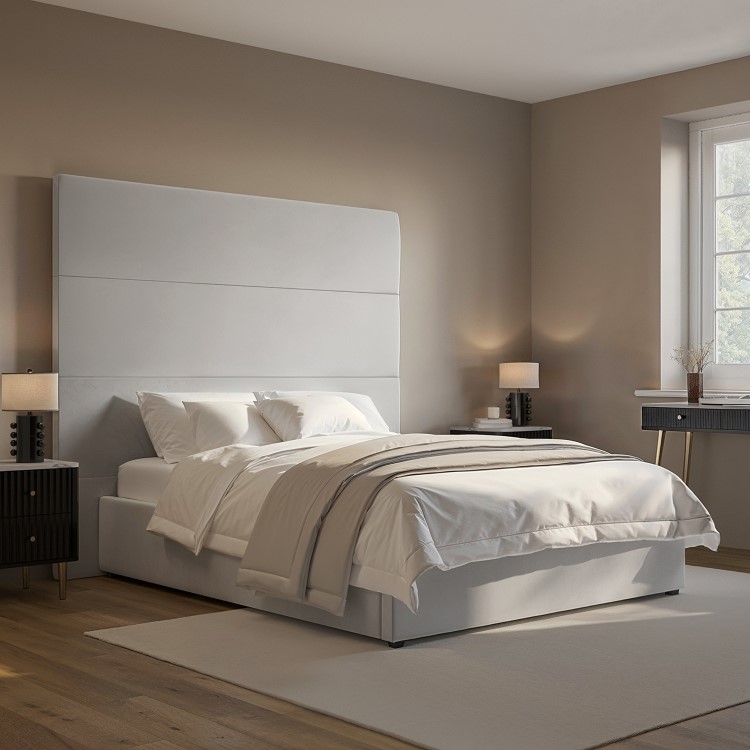 Grey Velvet King Size Ottoman Bed with Tall Headboard - Alisha