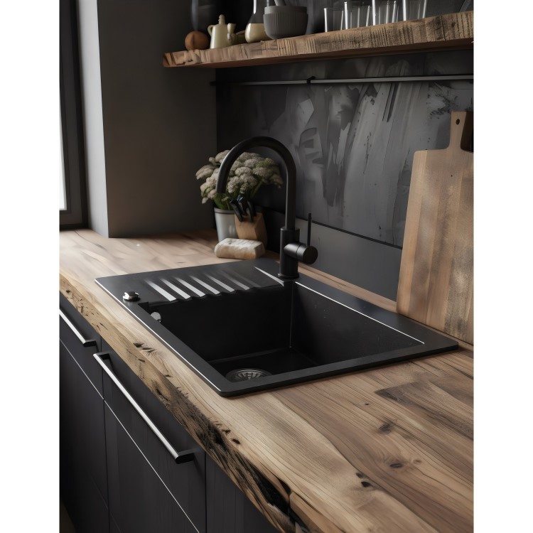 Compact 1 Bowl Black Granite Composite Kitchen Sink & Waste - 715 x 500mm - Alice