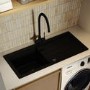 GRADE A1 - Large Single Bowl Black Inset Granite Composite Kitchen Sink with Reversible Drainer - Enza Alice