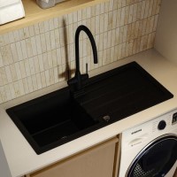 GRADE A1 - Large Single Bowl Black Inset Granite Composite Kitchen Sink with Reversible Drainer - Enza Alice