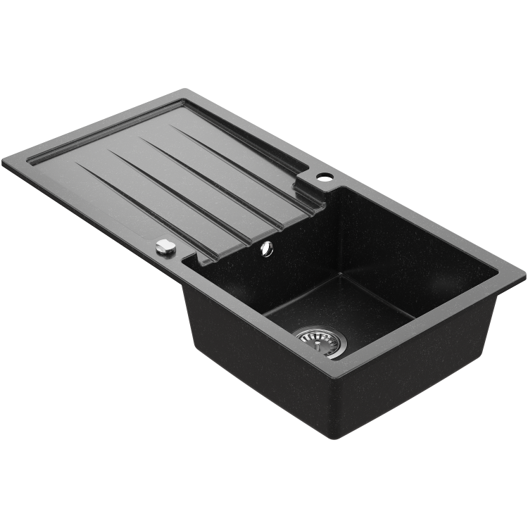 Large 1 Bowl Black Granite Composite Sink & Waste Kit with Reversible Drainer - 980 x 480mm - Alice