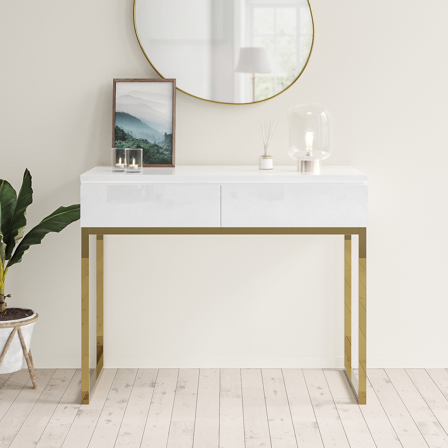 White High Gloss Dressing Table with 2 Drawers Alina BuyItDirect.ie