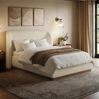 Cream Upholstered Double Ottoman Bed with Curved Headboard - Adelyn