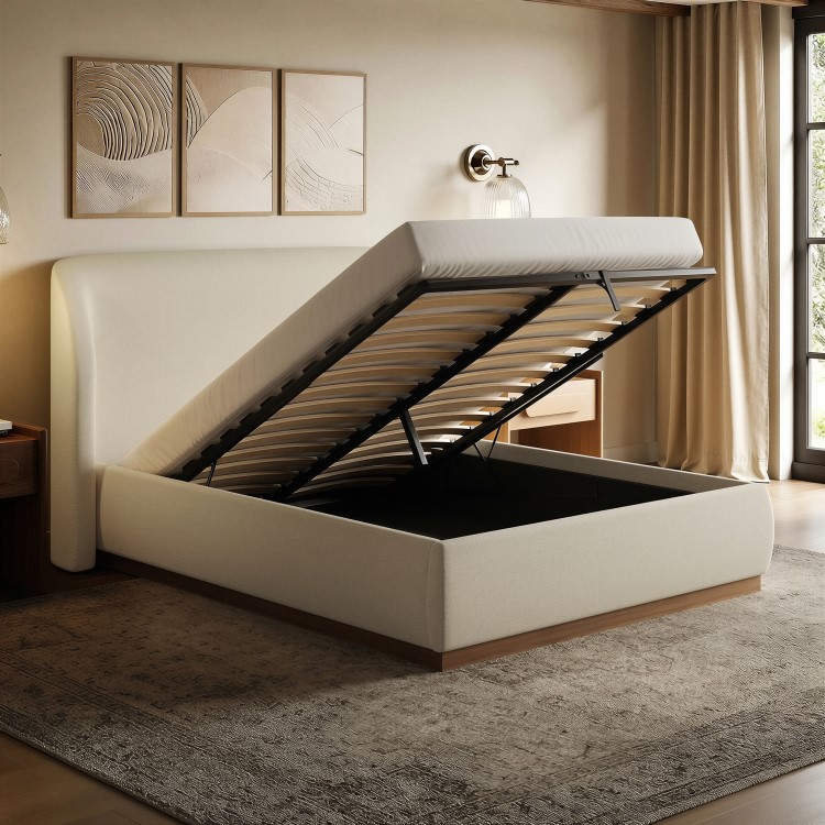 Cream Upholstered Double Ottoman Bed with Curved Headboard - Adelyn