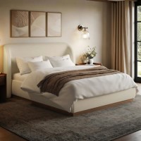 Cream Upholstered King Size Ottoman Bed with Curved Headboard - Adelyn