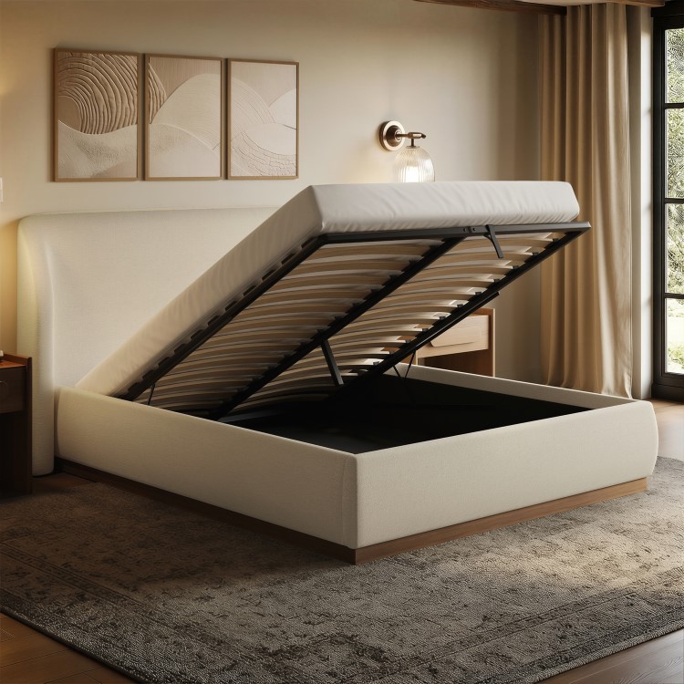 Cream Upholstered King Size Ottoman Bed with Curved Headboard - Adelyn