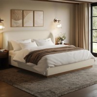 Cream Upholstered Super King Ottoman Bed with Curved Headboard - Adelyn
