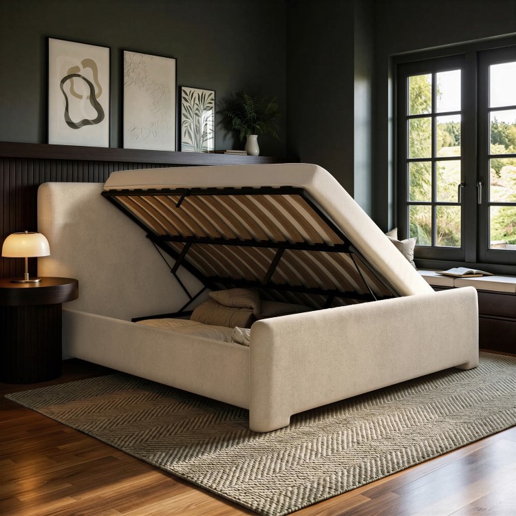 Beige Upholstered Super King Ottoman Bed with Soft Curved Headboard and Footboard - Althea