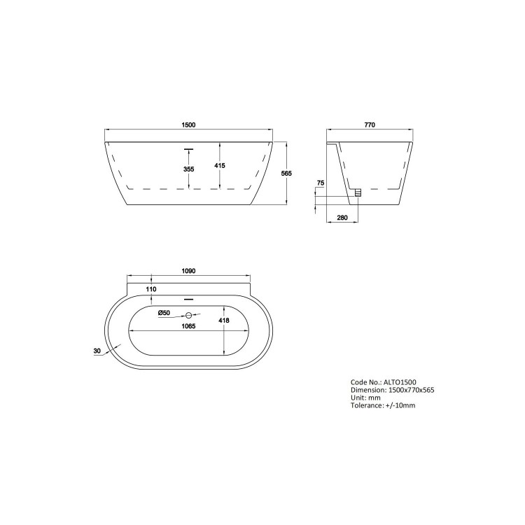 ALMOST PERFECT - Freestanding Double Ended Back to Wall Bath 1500 x 770mm - Alto