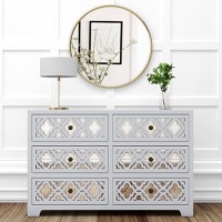 Wide Grey Mirrored Boho Chest of 6 Drawers - Alexis