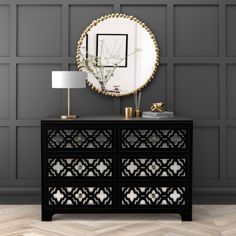 Wide Black Mirrored Boho Chest of 6 Drawers - Alexis