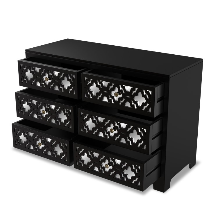 Wide Black Mirrored Boho Chest of 6 Drawers - Alexis