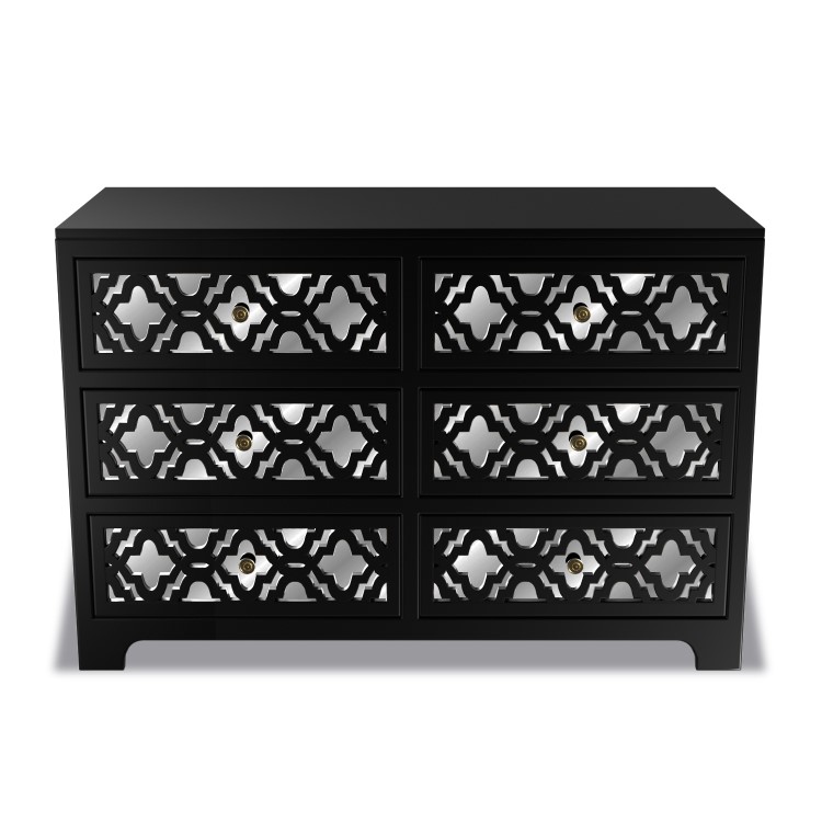 Wide Black Mirrored Boho Chest of 6 Drawers - Alexis
