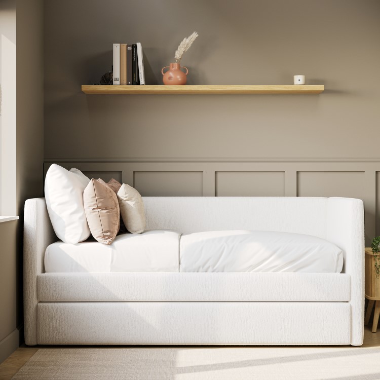 Cream Fabric Single Day Bed with Trundle - Amie