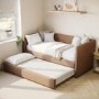 Chenille Single Day Bed with Pull Out Trundle in Brown - Amie