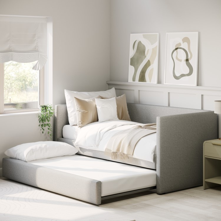 Light Grey Fabric Single Day Bed with Trundle - Amie