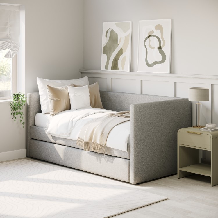 Light Grey Fabric Single Day Bed with Trundle - Amie