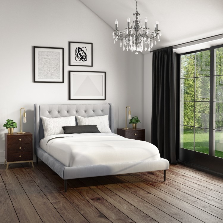 Grey Velvet Upholstered Mid-Century Double Bed Frame - Amara