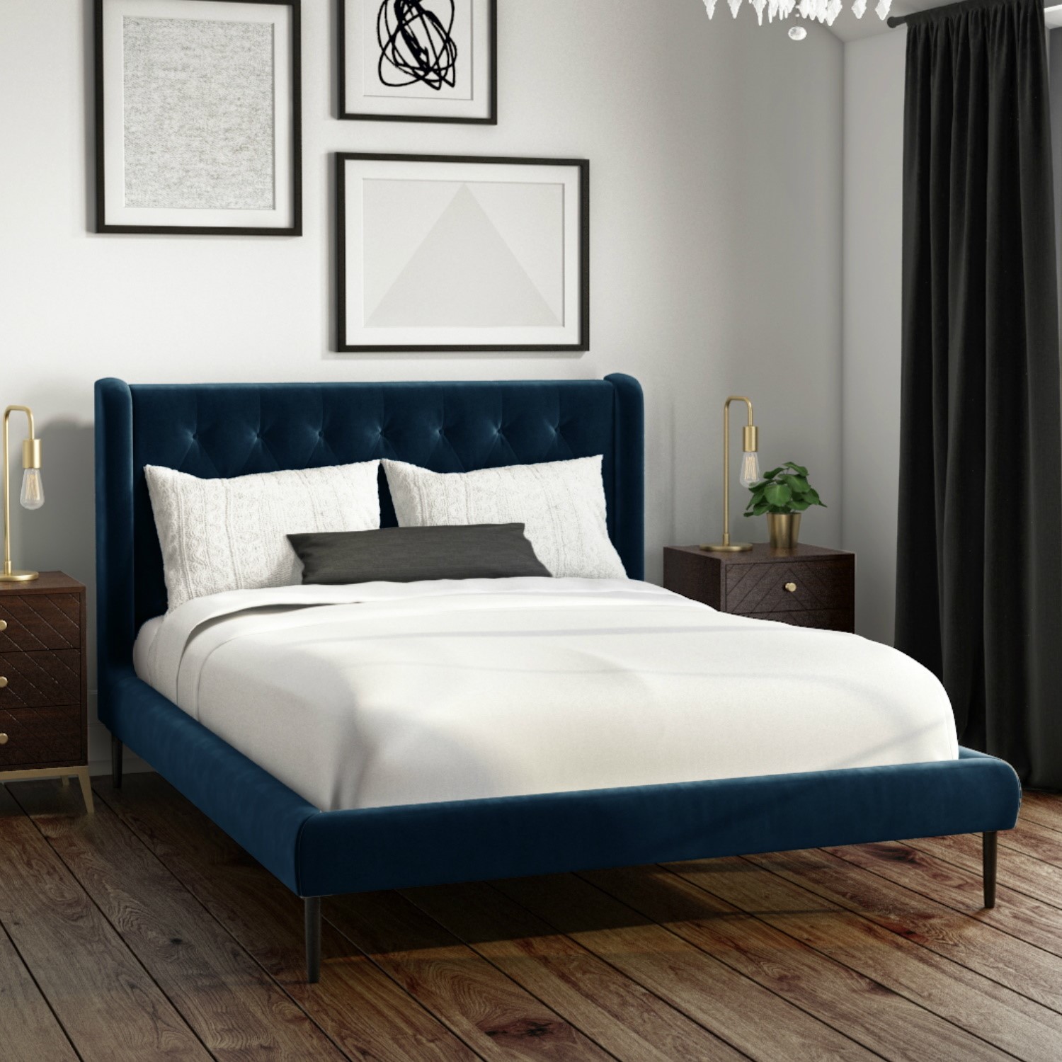 Amara Double Bed Frame In Navy Blue, Blue Double Bed Frame