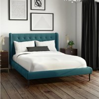 Teal Velvet Mid-Century Double Bed Frame - Amara Teal Velvet Mid-Century Double Bed Frame - Amara