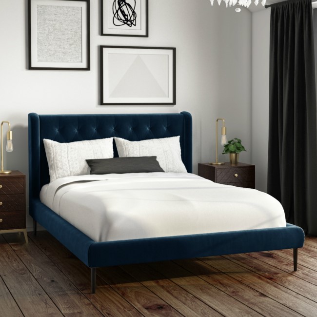 Navy Blue Velvet Mid-Century Small Double Bed Frame - Amara