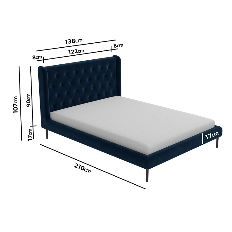 Navy Blue Velvet Mid-Century Small Double Bed Frame - Amara