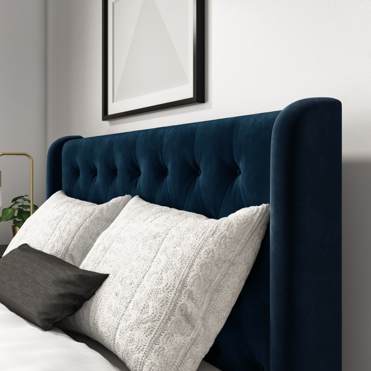 Navy Blue Velvet Mid-Century Small Double Bed Frame - Amara