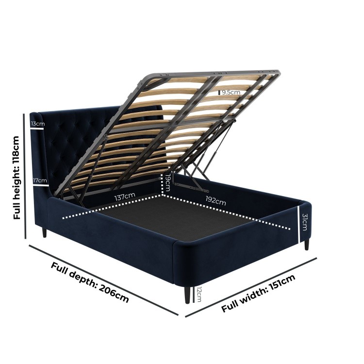 Navy Velvet Double Ottoman Bed With Legs - Amara