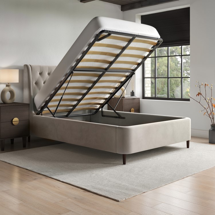 Beige Velvet Small Double Ottoman Bed With Legs - Amara