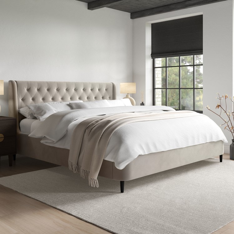 Beige Velvet Super King Ottoman Bed With Legs - Amara