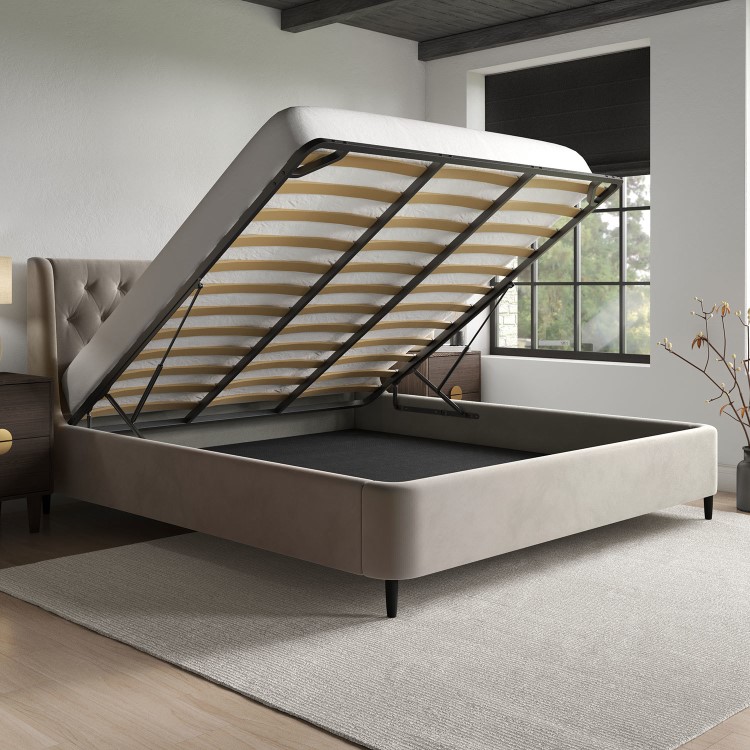 Beige Velvet Super King Ottoman Bed With Legs - Amara