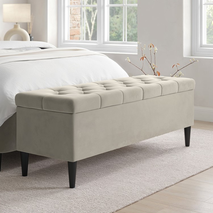 Beige Velvet Super King Ottoman Bed With Legs - Amara