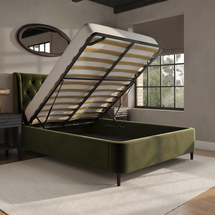 Olive Green Velvet Double Ottoman Bed With Legs - Amara