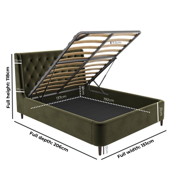 Olive Green Velvet Double Ottoman Bed With Legs - Amara