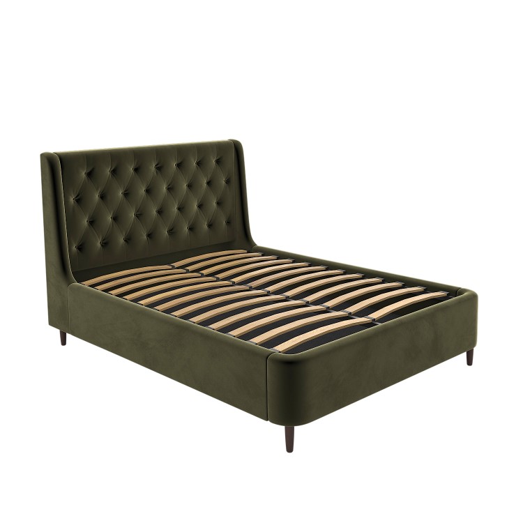 Olive Green Velvet Double Ottoman Bed With Legs - Amara