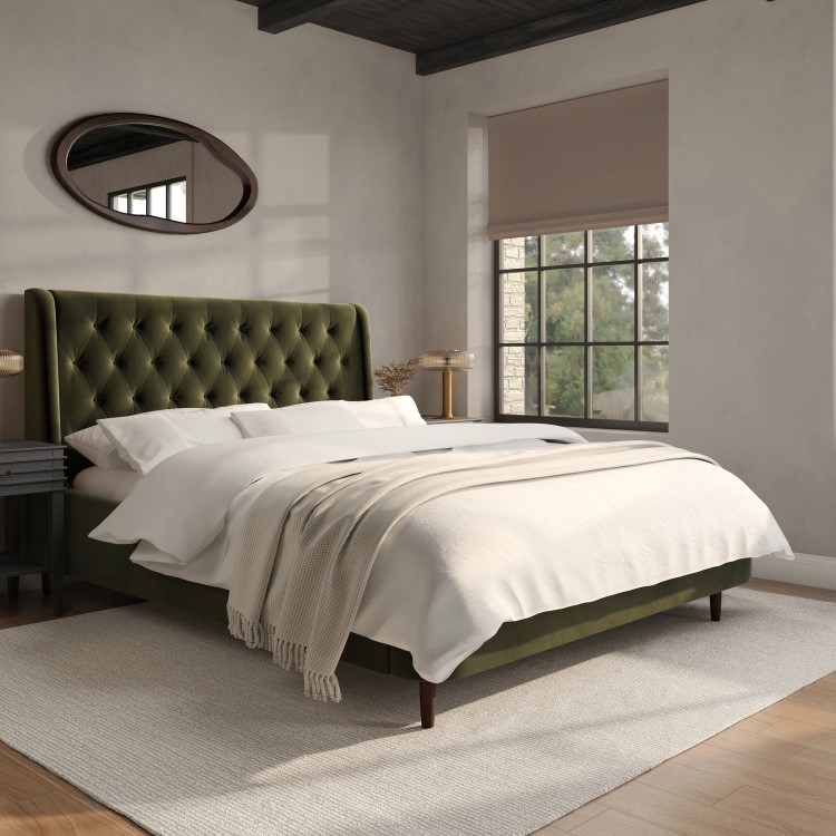 Olive Green Velvet King Size Ottoman Bed With Legs - Amara