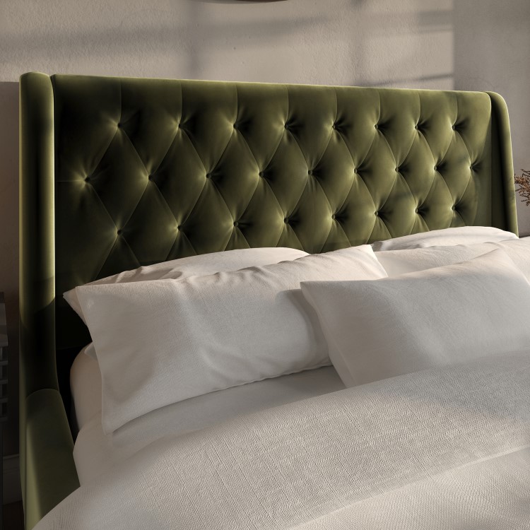 Olive Green Velvet King Size Ottoman Bed With Legs - Amara