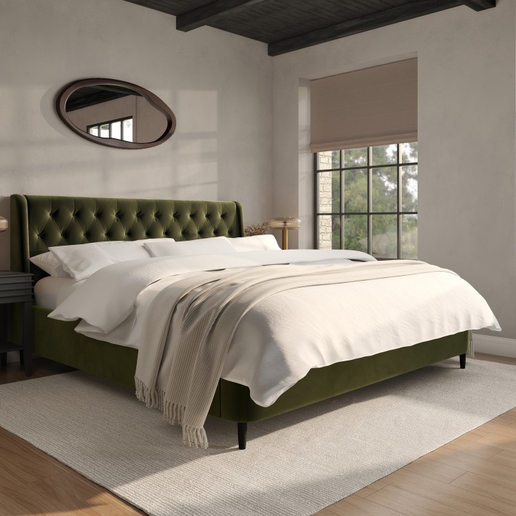 Olive Green Velvet Super King Ottoman Bed With Legs - Amara